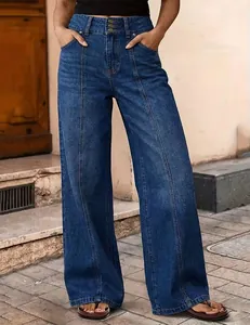 High-waisted blue wide-leg jeans featuring front seam detail and triple button closure