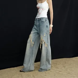 Jeans en Denim Déchiré High Street pour Femmes Vintage Délavé Patchwork Jambe Large Pantalon Droit Casual Streetwear Bleu Denim