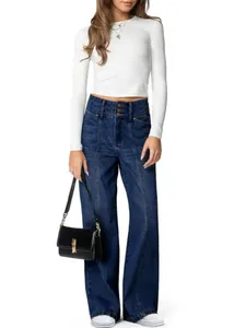Full view of high-waisted wide-leg denim jeans with unique front seam stitching