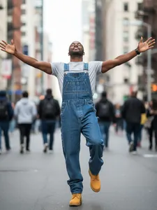 Men's high street blue denim bib overalls with a loose straight leg and casual fit