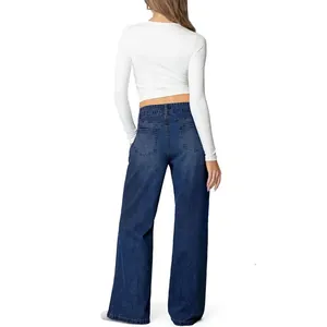 Back view of women's wide leg high waist denim jeans in dark blue streetwear style
