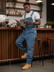 Stylish men's loose fit denim overalls shown in a relaxed cafe lifestyle setting