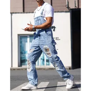 Men's distressed denim overalls with adjustable straps and straight leg fit