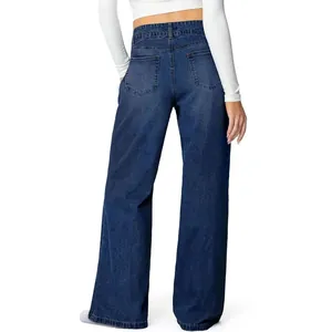 Back view of women's high-waisted dark blue wide-leg denim jeans in a relaxed straight fit.