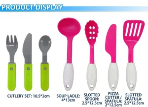 Close-up of children's pretend play kitchen toy utensil set with size dimensions