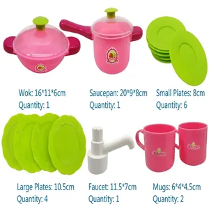 Kids play kitchen toy set components including pots plates cups and dimensions