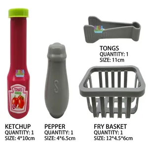 Detailed view of kitchen toy accessories including ketchup bottle, pepper shaker, and basket.