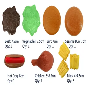 Detailed breakdown of toy fast food components with measurements and quantities.