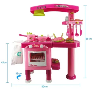 Large pink children's toy kitchen set with realistic oven accessories and size dimensions 80x85x35cm