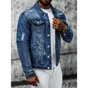Stylish men's slim fit distressed blue denim jacket with ripped details for high street look.
