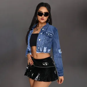 Veste en jean courte pour femme de style high street avec détails déchirés et usés