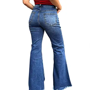 Hochwertige Schlagjeans für Damen mit hoher Taille und offenem Saum Rückansicht
