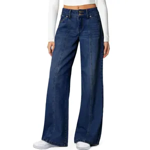 Detail shot of women's high-waisted wide-leg jeans with front vertical seams