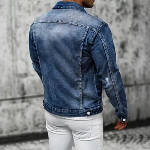 Classic blue distressed slim fit men's denim jacket shown from back view details
