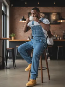 Men's blue denim overalls with straight-leg fit and adjustable straps in cafe setting