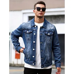 Premium men's slim fit distressed blue denim jacket for casual high street fashion