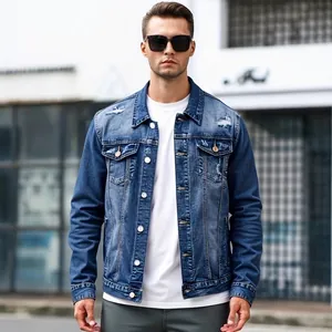 Men's slim fit distressed blue denim jacket with ripped details for high street fashion