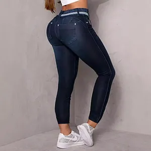 Women's slim fit dark blue skinny jeans with decorative striped elastic waistband