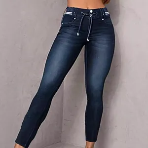 Women's high-waisted dark blue skinny jeans with elastic drawstring waist and slim fit