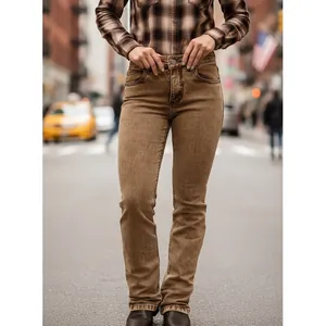 Retro brown slim fit women's denim jeans with stretch high street style long pants