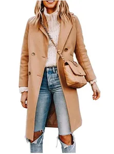 Elegant women's long camel wool coat featuring a double-breasted design for the winter season.
