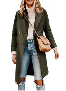 Full length detail of a chic olive green women's wool coat with double-breasted buttons