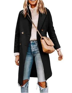 Stylish women's black long woolen overcoat featuring a classic double-breasted design