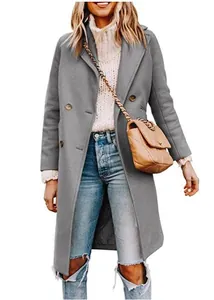 Full view of elegant grey double-breasted long wool coat for women in autumn/winter