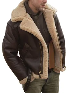 Classic men's brown shearling aviator jacket with thick faux fur lining and collar