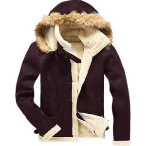 Men's dark brown faux suede jacket with thick cream fur lining and hooded trim