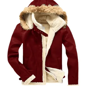 Stylish warm men's burgundy suede jacket featuring thick faux fur lining and plush hood