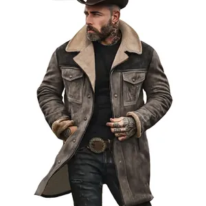 Detail view of men's mid-length sherpa-lined coat with vintage brown suede finish