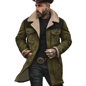 Detailed view of men's mid-length green jacket with warm fleece lining and collar