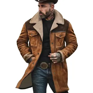 Detail view of men's vintage brown sherpa-lined mid-length warm winter coat jacket