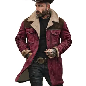 Detail of men's burgundy suede coat with warm shearling collar and contrast design