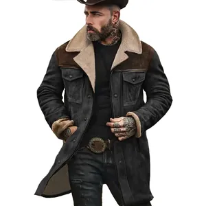 Detailed view of a rugged men's winter coat featuring a warm shearling collar and patches.