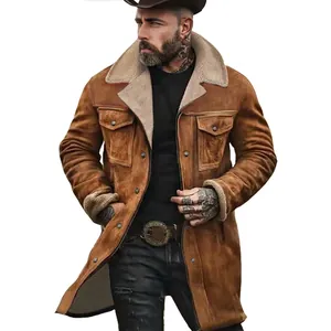 Men's rugged brown fleece-lined mid-length jacket with classic lapel design
