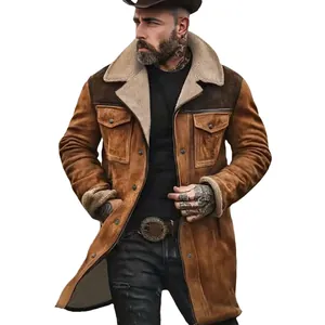 Men's vintage brown fleece lined mid-length winter coat with faux shearling collar detail