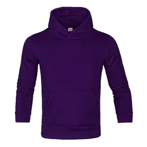 Detailed front view of a plain purple men's fleece hooded sweatshirt with pocket