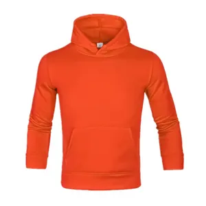 Front view detail of a vibrant orange solid color fleece hooded sweatshirt with pocket