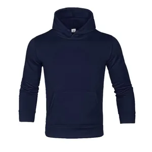 Detail view of navy blue men's hoodie featuring ribbed cuffs and white size tag S.