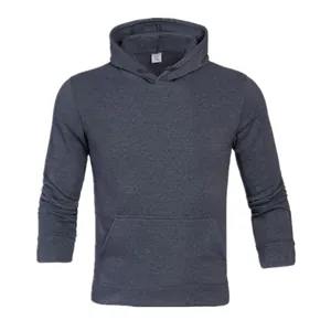Detailed view of a dark heather grey men's fleece hoodie featuring kangaroo pocket