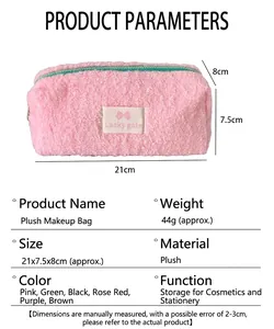 Detaillierte Größen- und Materialangaben für die rosa Plüsch-Kosmetik- und Aufbewahrungstasche