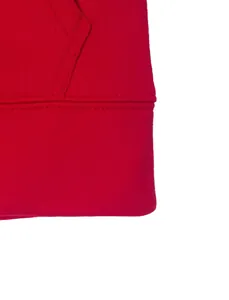 High-quality close-up detail of red men's fleece hoodie hem and reinforced pocket stitching.