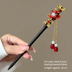 Detailed macro view of 18cm dark brown Chinese style tassel hairpin for elegant styling