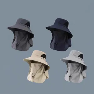 Men Outdoor Sun Hat Wide Brim UV Protection Fishing Hat With Face Mask Neck Cover Quick Dry Breathable Polyester Bucket Hat