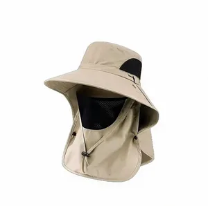 Men's outdoor wide brim sun hat with breathable face and neck cover for UV protection