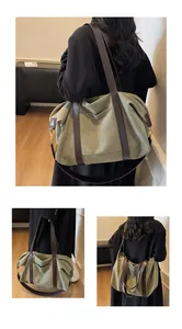 Usage views of a vintage green canvas travel bag with large capacity and brown straps