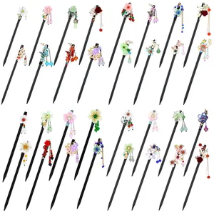 A collection of 25 elegant Chinese traditional floral hairpins featuring tassels and beads