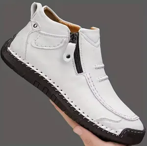 Zapato informal Chelsea de piel blanca para hombre, caña alta con suela cosida a mano y cremallera